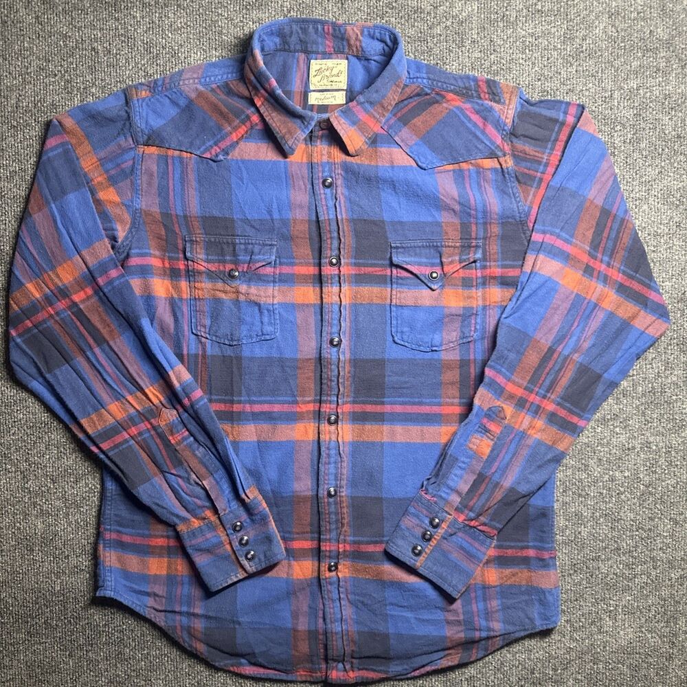 LUCKY BRAND Men's Shirt M Long Sleeve Blue Red Black Western Plaid Pearl Snap